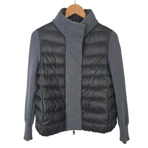 Moncler Women Black Grey Wool & Down Hybrid Knit Puffer Jacket Size S Logo Patch
